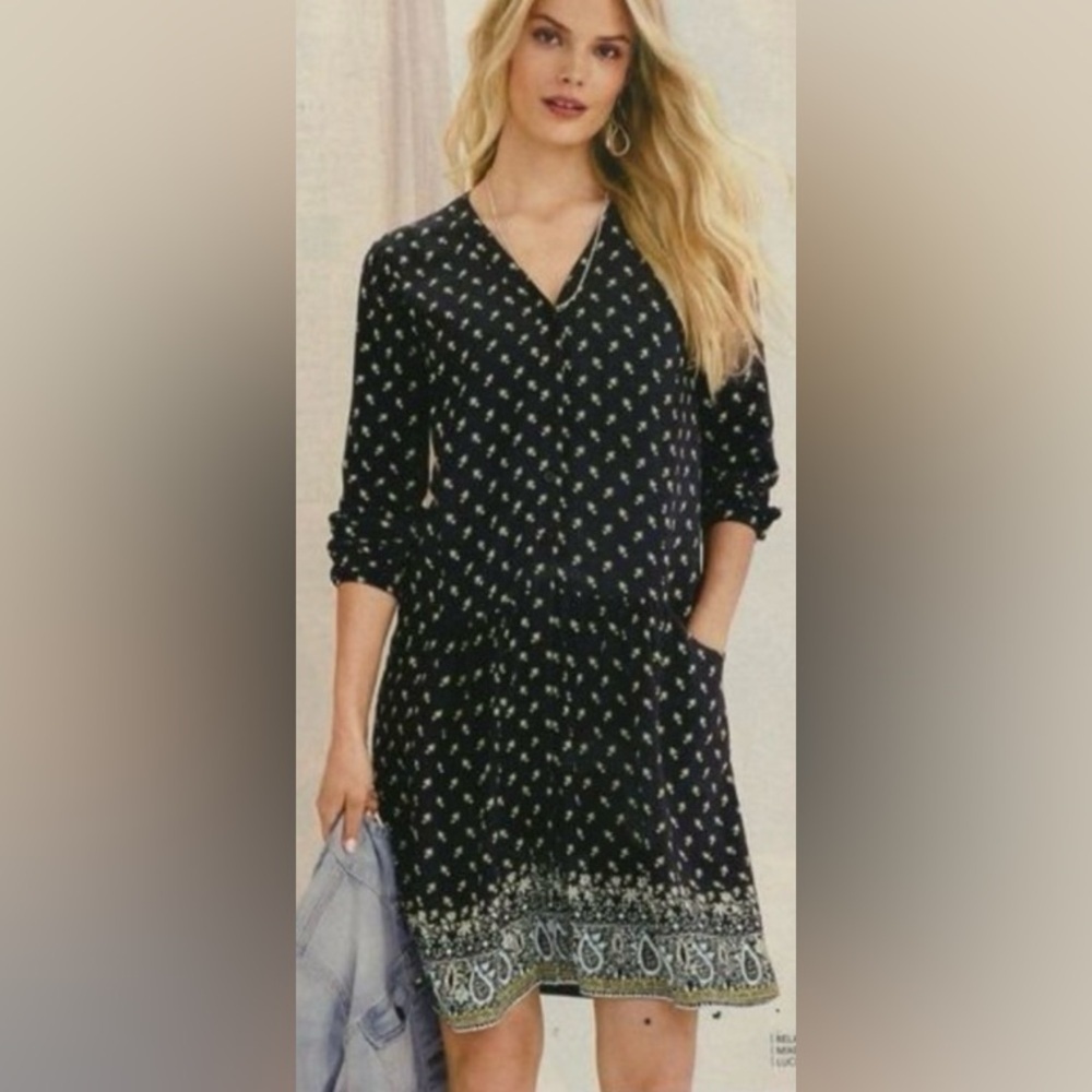 Garnett Hill Drop Waist Dress 16 Dark Dainty Floral Blue Pockets Paisley Boho
